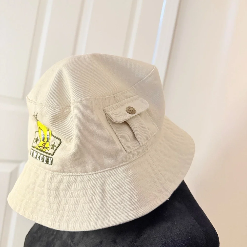 Vintage Looney Tunes Tweety Cargo Bucket Hat Military Pockets 1999 Y2K Logo